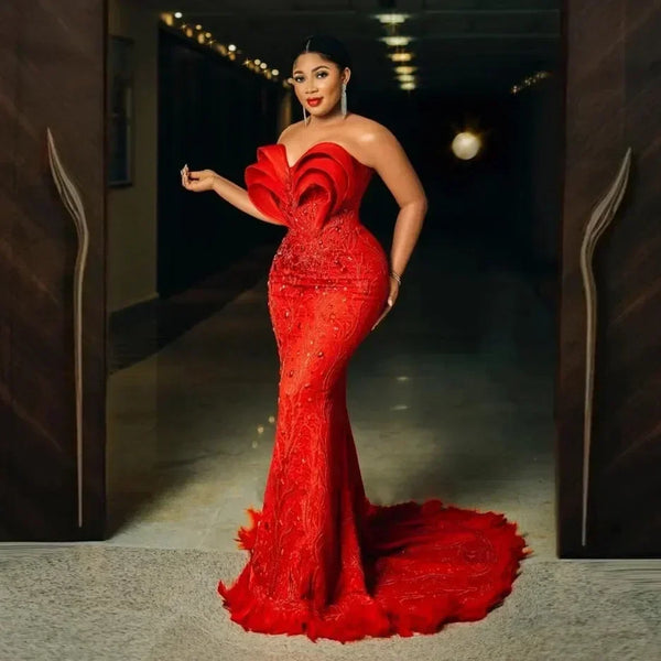 Luxury Aso Ebi Mermaid Lace Beaded Feather Party Evening Dress Sexy V-neck Off the Shoulder Formal Occasion Evening Dress Custom