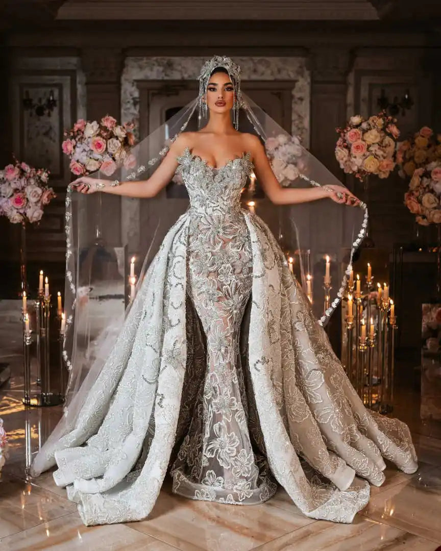 Luxury Sweetheart Sequins Mermaid Wedding Dress Elegant Sleeveless Bridal Gown Detachable Train Bride Dresses Customized