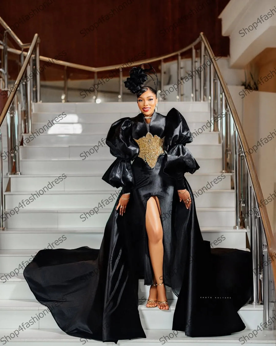 Chic Black Velvet Evening Gowns with Puffy Sleeves Fashion Gold Appliques Lace Formal Events Dresses Trendy Velour Prom Dress