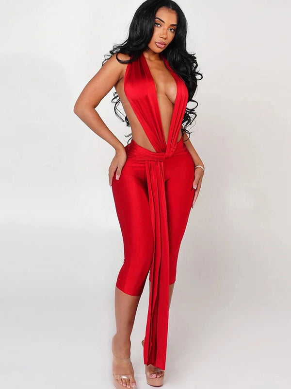 Backless Halter Romper Women Ribbon Patchwork Sleeveless Elastic Workout Activewear Midnight Activity Slim Playsuits