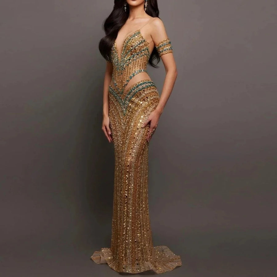 Vintage Beaded Rhinestones Evening Dresses Shiny Sleeveless Mermaid Prom Dress Customized Floor Length Crystal Party Gown