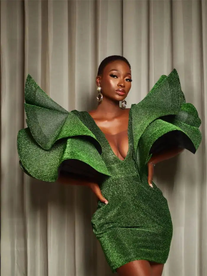 Saprkle Green Sheath Short Women Maxi Dresses To Party Big Ruffles Sleeves Sexy Deep V-neck Cocktail Dress
