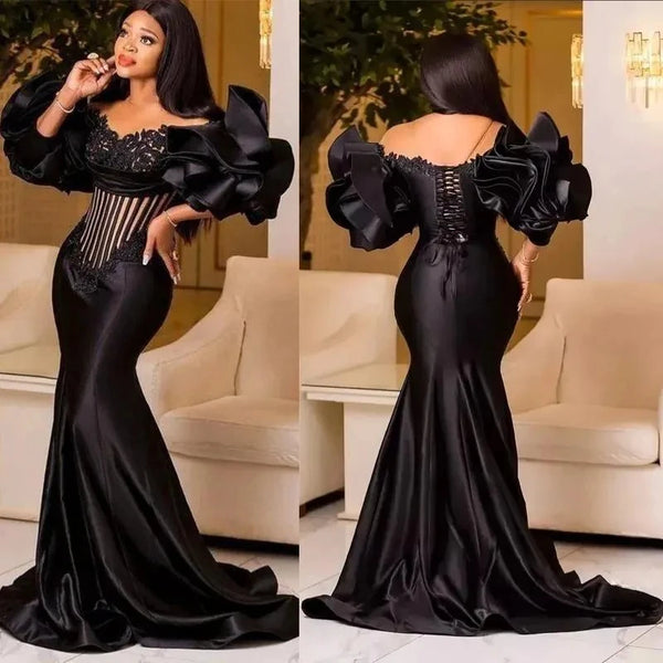 Customized Aso Ebi black prom dress Hat sleeve elastic satin beaded mermaid evening birthday party second reception dress