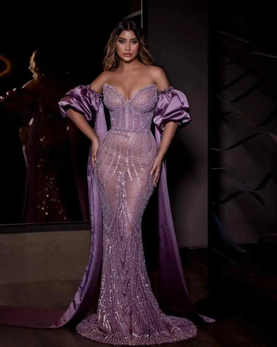 Gorgeous Mermaid Evening Dress With Cape Beaded Sequins Strapless Prom Gown Illusion Floor Length Party Dresses Customized