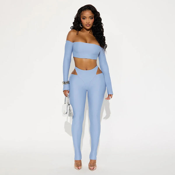 Tight Women 2 Piece Set Slash Neck Crop Tops+High-Waist Hollow Leggings Matching Streetwear Casual Sporty Outfits