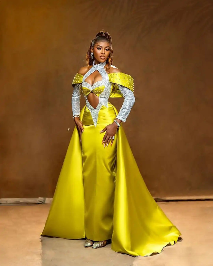 Glamorous Aso Ebi Beaded Satin Prom Evening Gowns Halter Slivery Sequin Sleeve Africa Formal Occasion Dresses Robe de mariée