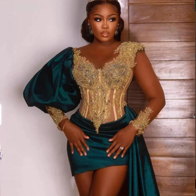 Prom Dresses Sexy Lace With Side Train Birthday Gowns For Photo Shoot Beaded Puffy Sleeves Formal Evening Gowns Aso Ebi Mermaid