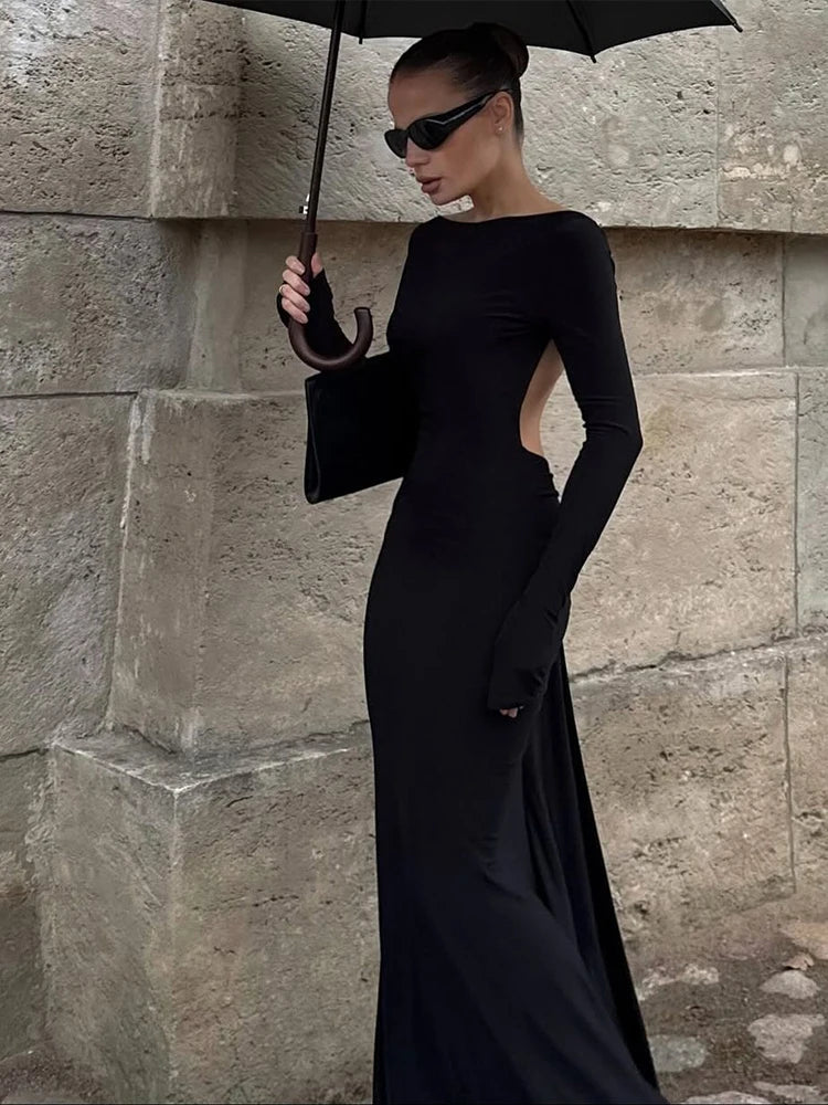 Classic Bead Backless Dress Women Sexy Slash Neck Full Sleeve Simple Fashion Stretch Banquet Party Elegant Vestidos