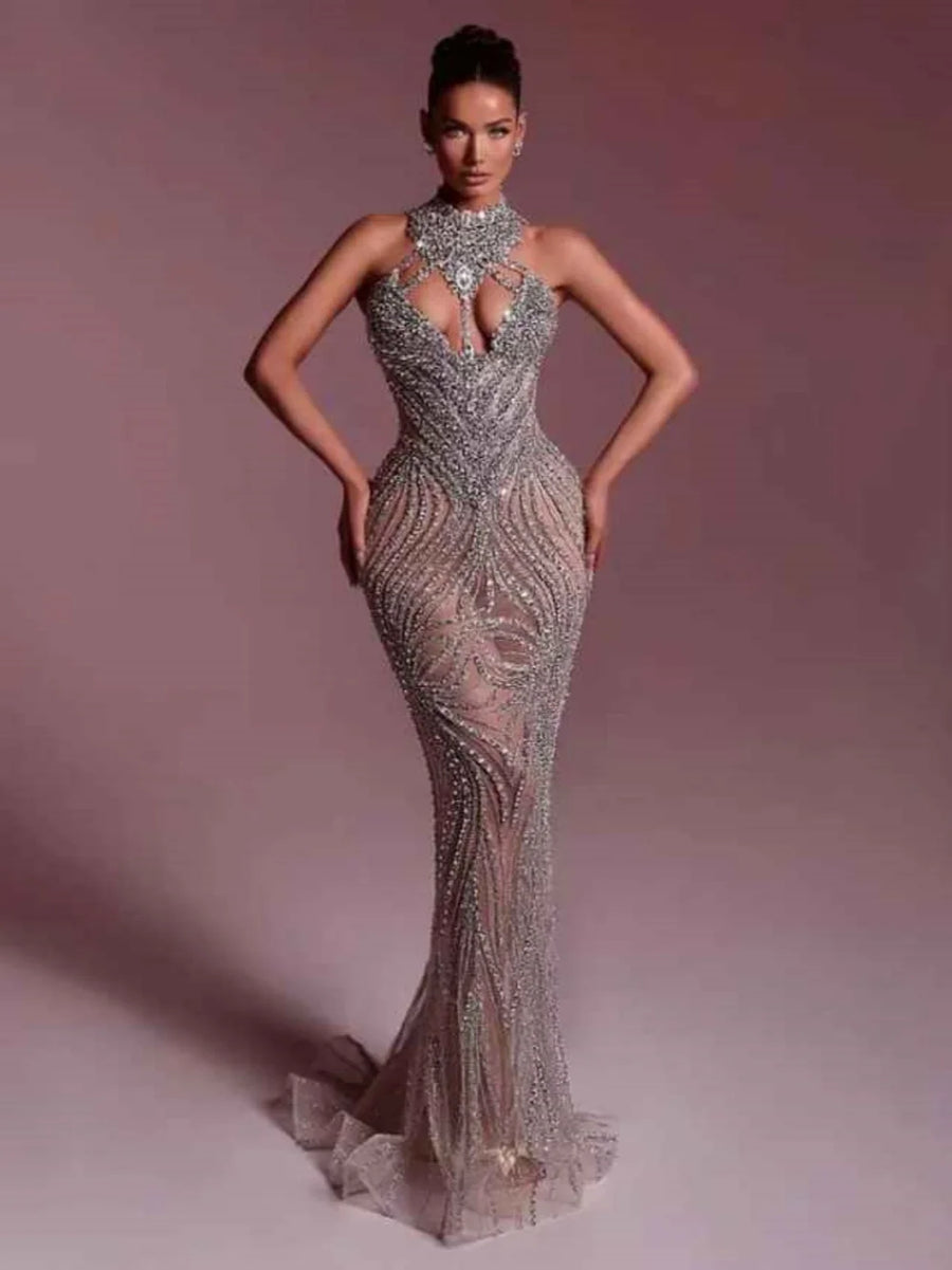 Sexy High Neck Mermaid Prom Dresses Customized Crystal Sequined Lace Party Dresses Beaded Sleeveless Evening Dress