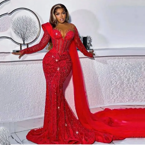Asoebi Red Mermaid Evening Dresses with Overlay Long Sleeve Beading Formal Evening Gowns Plus Size Sequined Prom Dress