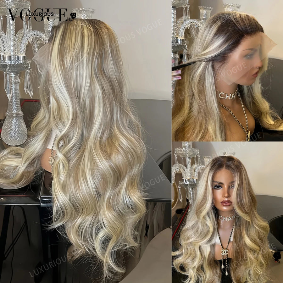 LUX VOGUE Highlight Ash Blonde 100% Human Hair Wig Beachy Waves Undetectable Hairline UHD Nude Color Lace Wig 210% Density Wigs