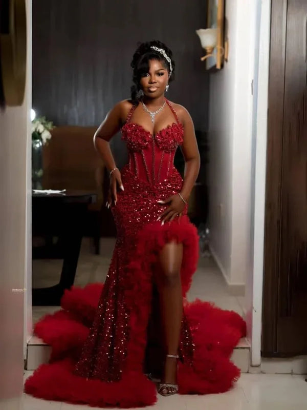 Sparkling Glitter Red Long Prom Dreses Mermaid Beaded Halter Ruffles High Slit Evening Gown Birthday Party Gala Dress Customized