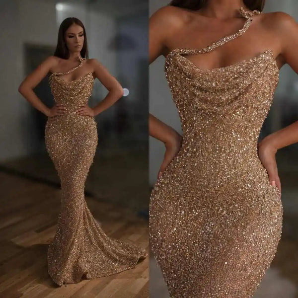 Sparkly Mermaid Evening Dress Sequined Beaded Strapless Prom Gowns Sheath Sleeveless Floor-Length Party Dresses Customized