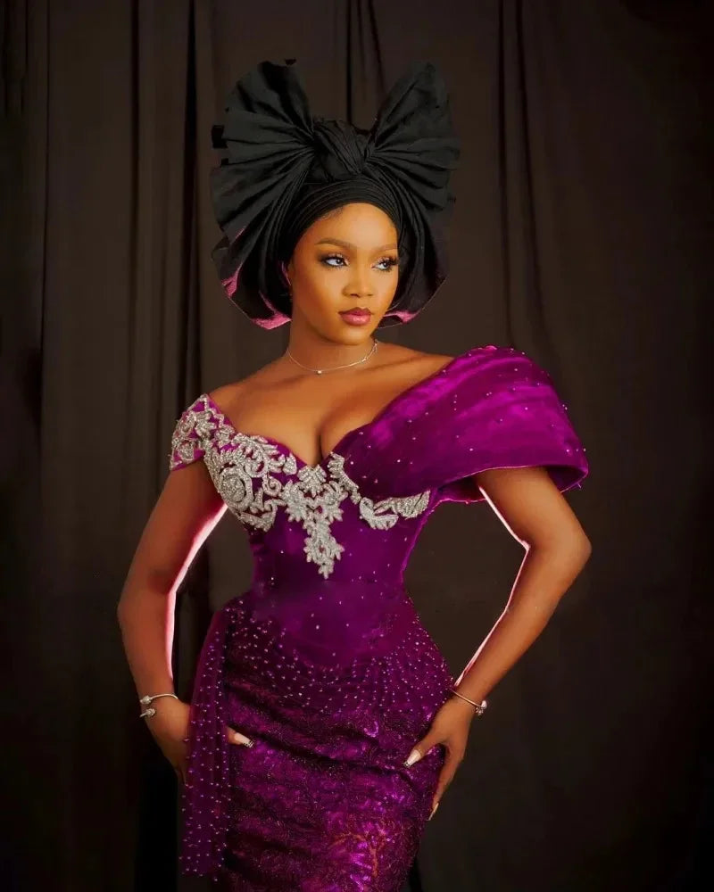 Appliques Beaded 3D Shoulder Long Party Dress Nigerian Aso EbiAfrican Purple Lace Evening Dresses Women Wedding Guest Dress