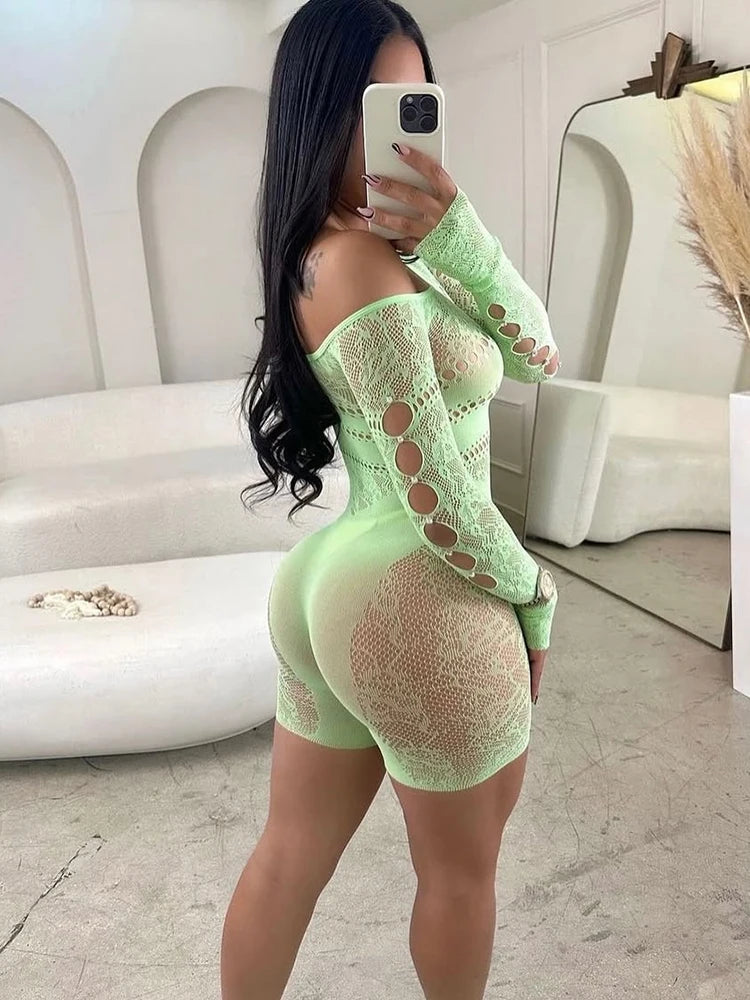 Off Shoulder Long Sleeve Playsuits For Women Party Clubwear High Stretch Hollow Out Rompers Sexy Sheer Shorts Jumpsuit