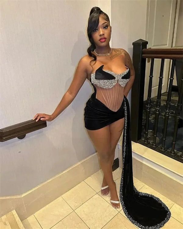 Velvet Short Prom Dresses For Black Girls Sheer Beaded African American Birthday Party Homecoming Cocktail Dresses Customized