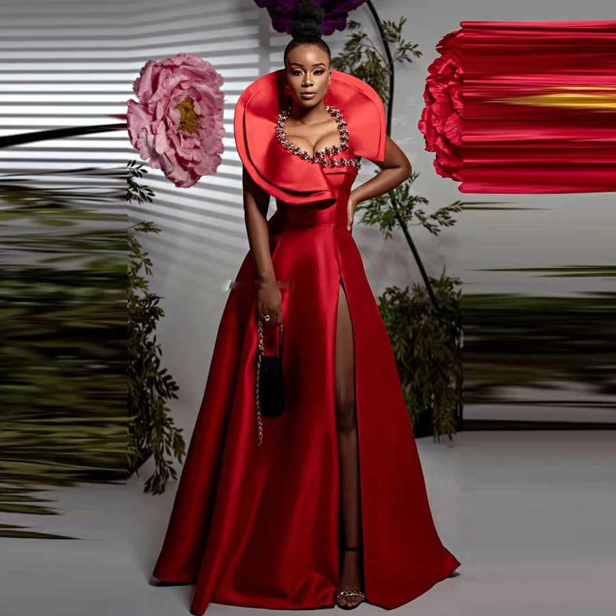 Elegant Red A Line Evening Gowns Appliques Beaded 3D Neckline Evening Gowns Sexy High Slit Women Formal Party Dress Floor Length