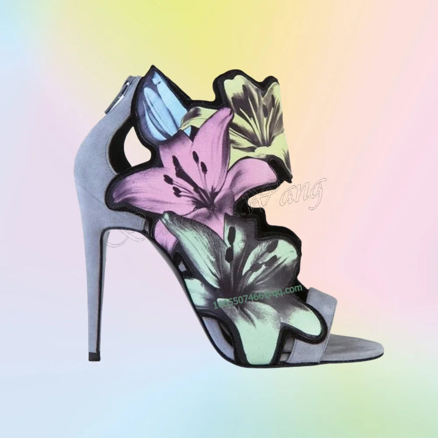 Back Zipper Side Flower Decor Sandals Mixed Color Heels Round Toe Shoes Thin High Heel Shoes for Women 2025 Zapatos Para Mujere