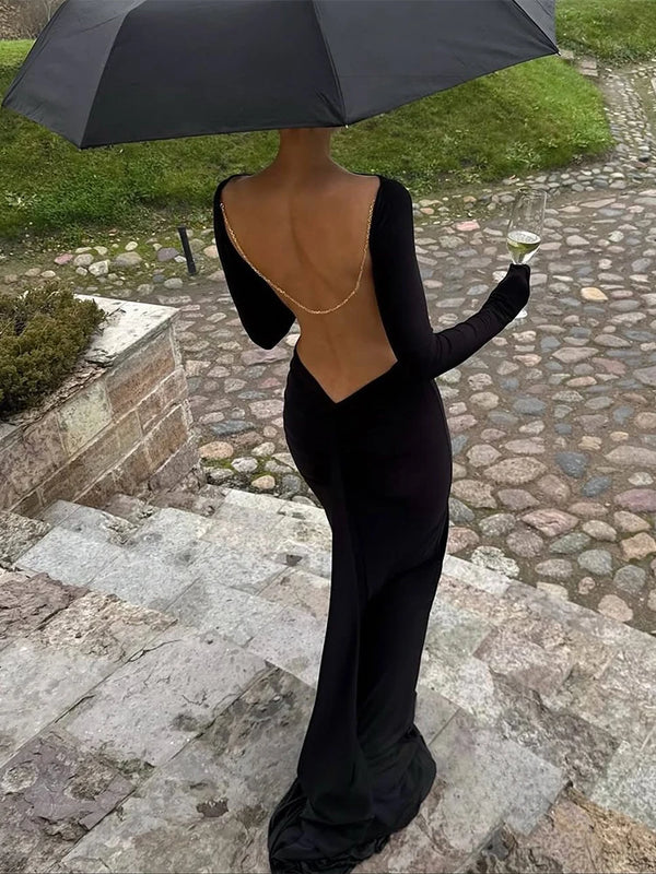 Classic Bead Backless Dress Women Sexy Slash Neck Full Sleeve Simple Fashion Stretch Banquet Party Elegant Vestidos