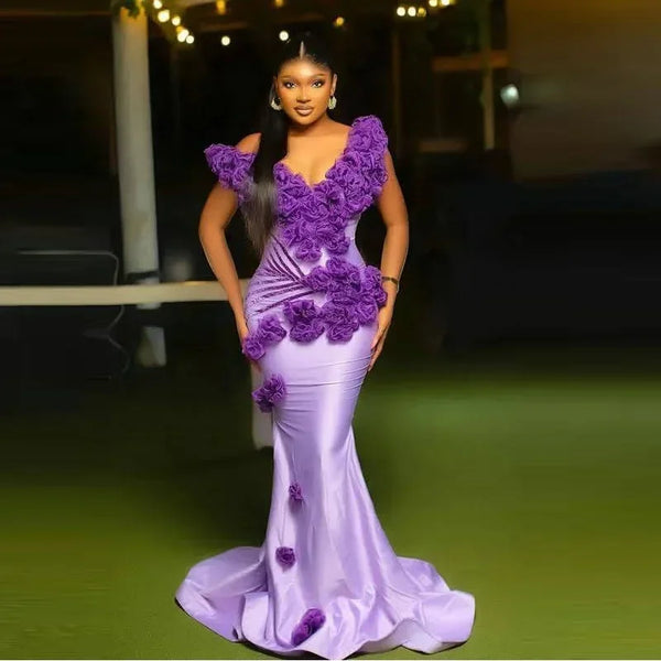 Luxury Aso Ebi Mermaid 3D Flower Women's Party Evening Dress New Sexy V-neck Celebrity Wedding Formal Occasion Dress Customized