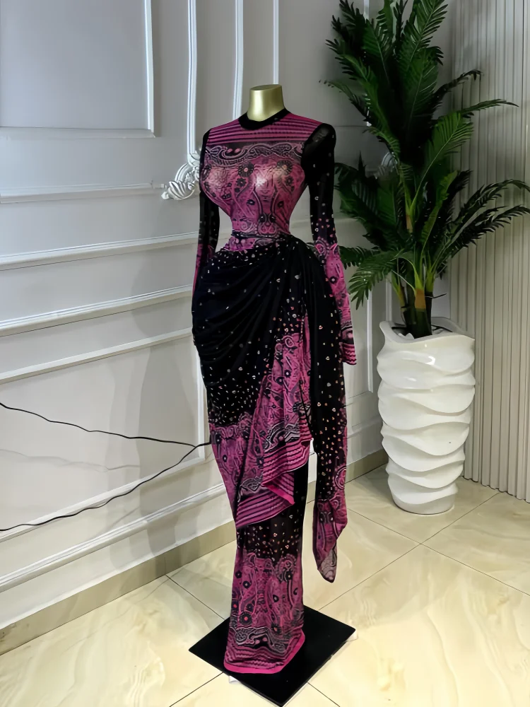 Women Tie Dye Printed Stacked Ruched Long Sleeve Midi Bodycon Maxi Long Dress Birthday Party Education Trendy Dresses