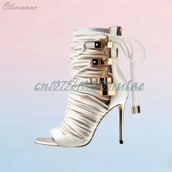 Beige Side Lock Decor Strappy Pumps Open Toe Elegant Party Stiletto High Heel Fashion Shoes for Women Spring Pearls Cross Tied