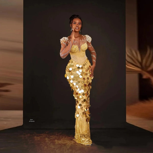 Customized  Gold Evening Dresses Sequined robe de soirée de mariage Formal Gowns With Sleeve Illusion vestidos elegantes para mu