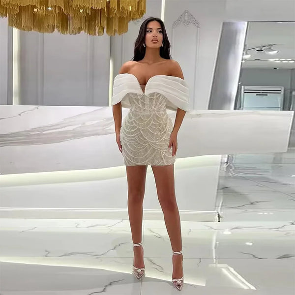 Fashion Strapless Pearl Mini Dress Pleated Satin Sweetheart Neck Off the Shoulder Sheer Mesh Sequin Bodycon Party Clubwear