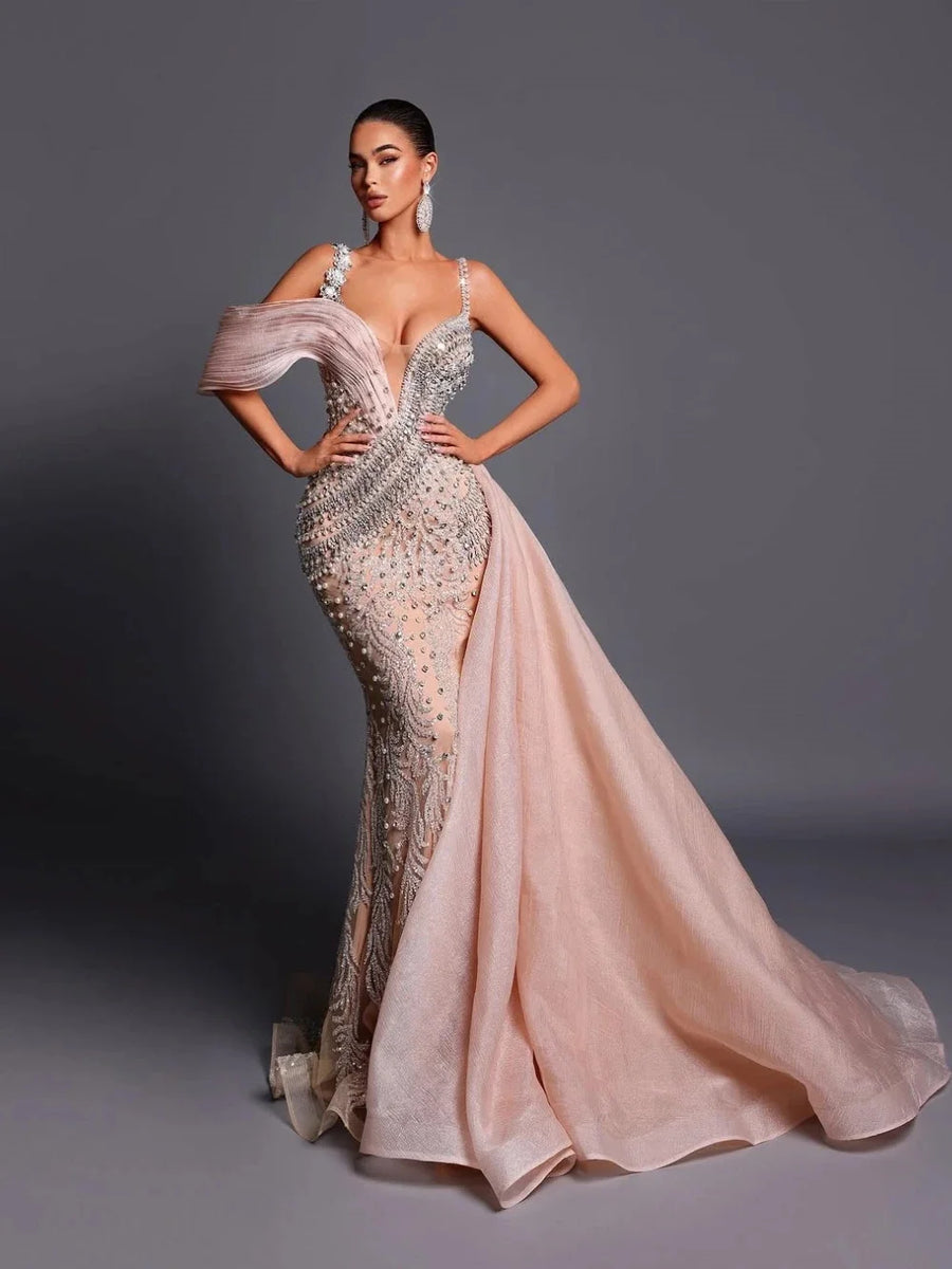 Elegant Sequined Lace Evening Dresses Customized Sexy Beaded Crystal Sleeveless Prom Dress Side Train Floor Length Party Gown