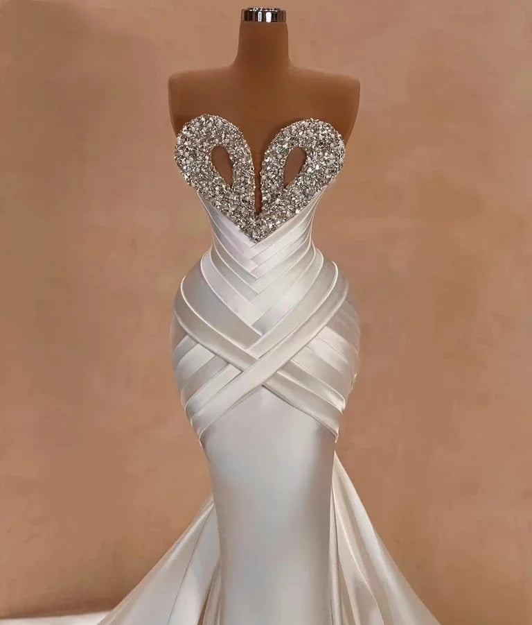 Long White Evening Dresses Luxury Sweetheart Beaded Rhinestones African Long Formal Prom Gown for Wedding Party Customized