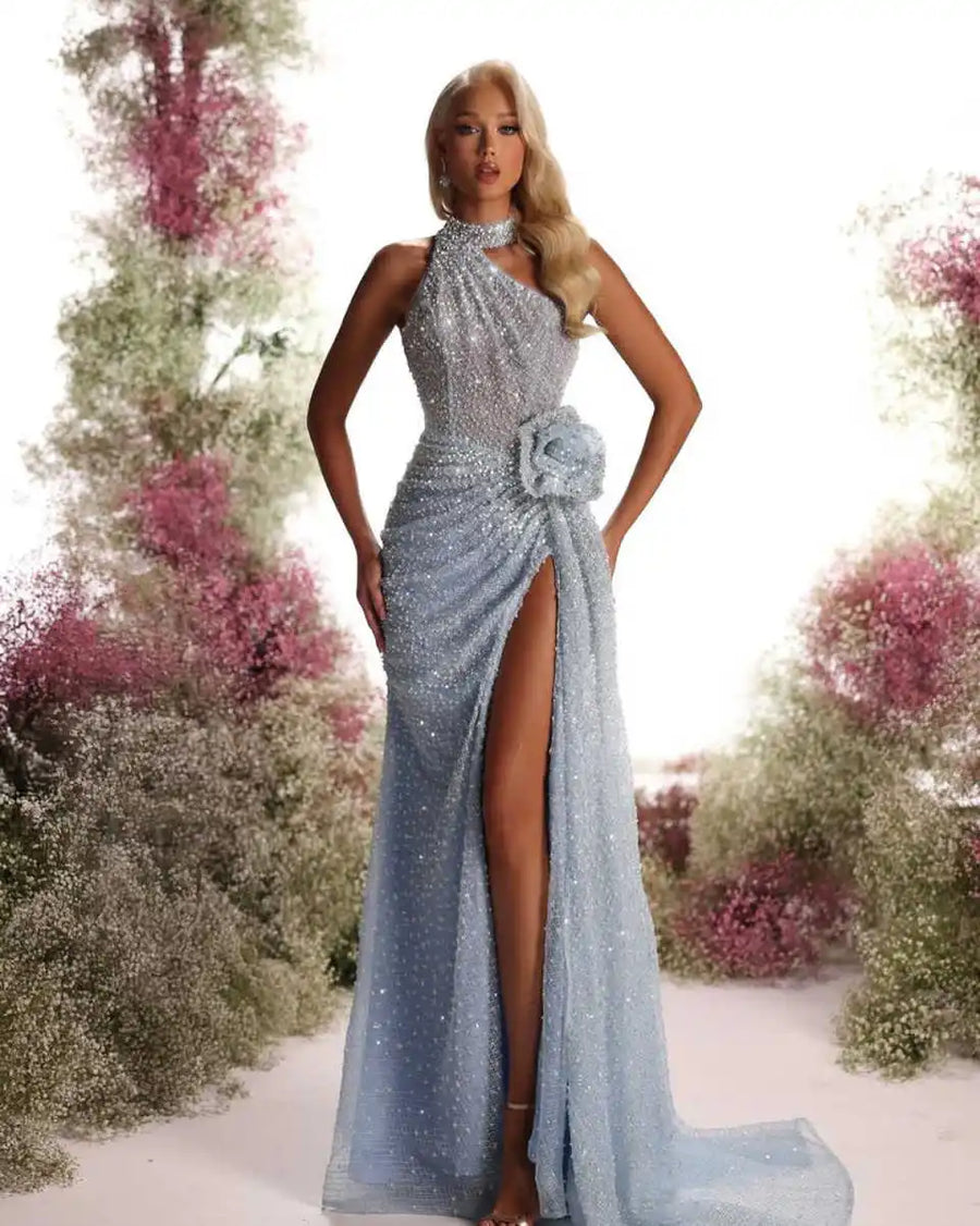 Glitter Sequined Prom Dresses Elegant Halter Beaded Evening Dress Applique High Side Slit Party Gown Customized