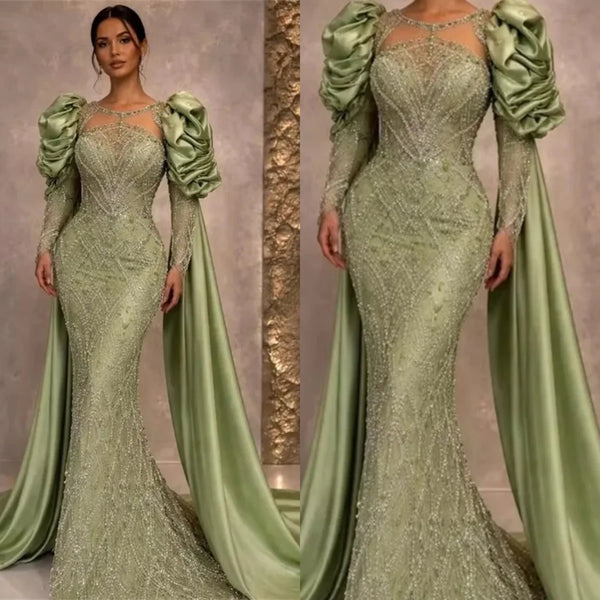 Runway Mermaid Evening Dress O Neck Beaded Sequined Prom Gowns Exquisite Long Sleeve Floor Length Party Dresses Customized