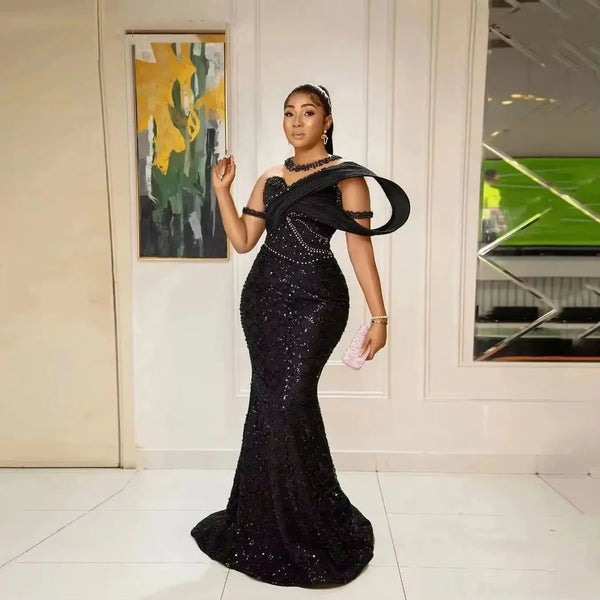 Customize Aso Ebi Black Mermaid Prom Dress Beaded Sheer Neck Evening Formal Gowns Pleated Sequins Trumpet Long Prom Dresses Pear