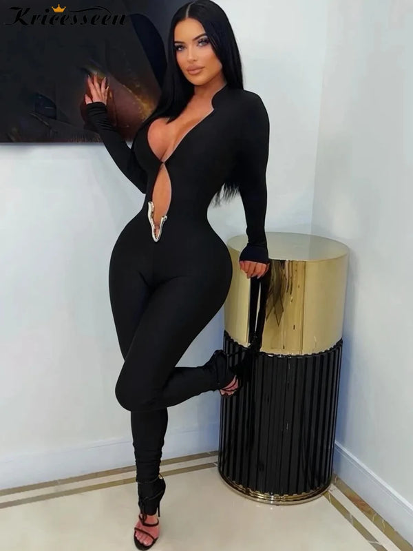 Sexy Hollow Out Long Sleeve Jumpsuits Women Solid Black Skinny One Piece Clubwear Birthday Party Outfits Rompers