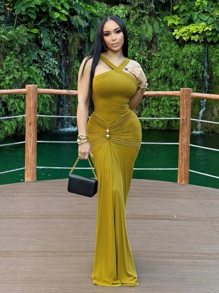 Sexy Cross Ruched Dress Women Elegant Sleeveless Metal Buckle Patchwork Classic Fashion Evening Party Gown Bodycon