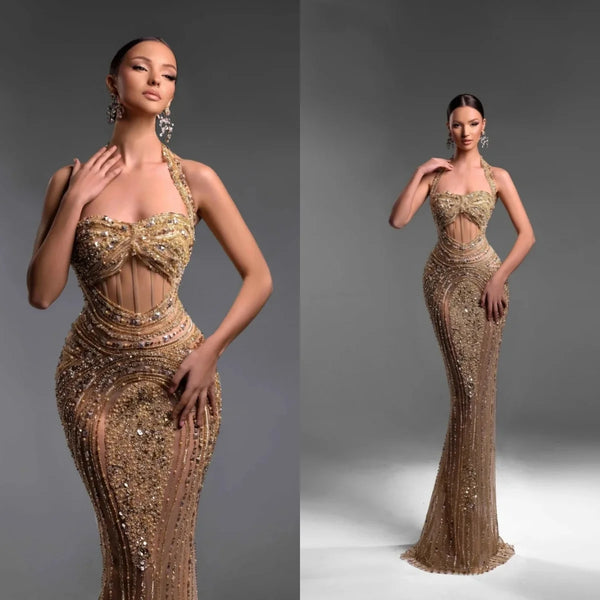Modern Halter Sequined Evening Dresses Customized Sexy Beading Pearls Sleeveless Prom Dress Floral Floor Length Party Gown