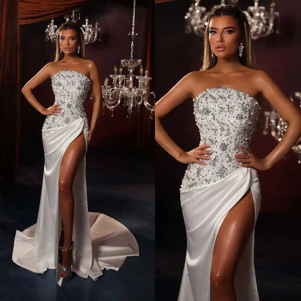 Exquisite Pearls Mermaid Wedding Dress Strapless Sleeveless Beaded Sequins Bride Gown Sexy High Splits Bridal Dresses Customized
