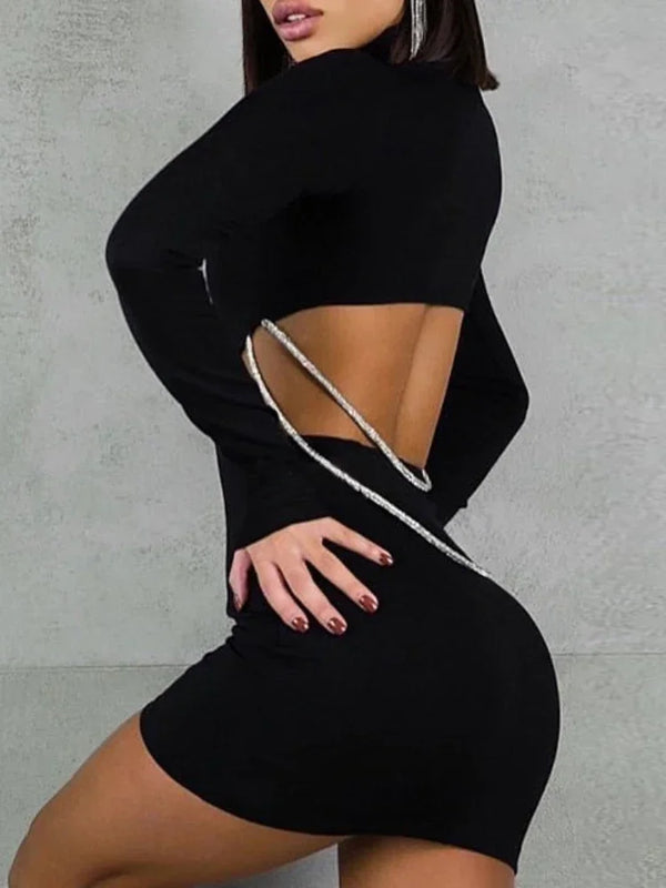 With Metal Chain Back Hollow Out Slim Bodycon Dress Women Long Sleeved High Collar Skinny Mini Evening Dress Club Party Vestidos
