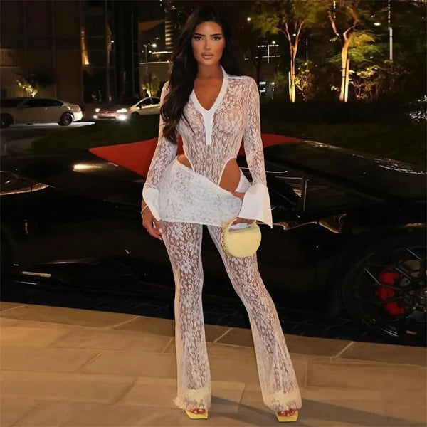 Sexy Lace See Through Birthday Woman 2 Piece Set Outfit Festival Rave Club Long Sleeve Bodysuit Top and Flare Pants Ensemble Y2K