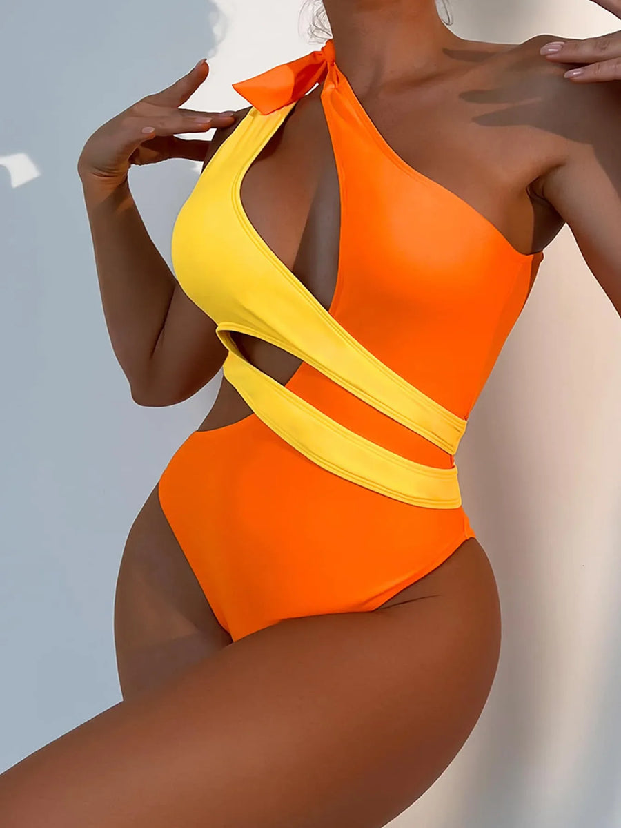 Sexy Green Patchwork One Piece Swimsuit 2023 Women One Shoulder Hollow Out Tummy Control Swimwear Summer Bathing Suit Trikini
