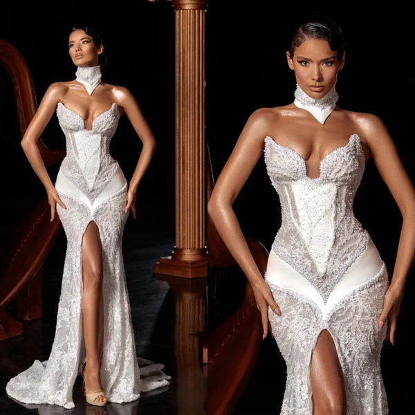 Exquisite Strapless Pearls Mermaid Wedding Dress Luxury Beaded Lace Bridal Dress High Slit Customized vestidos de novia
