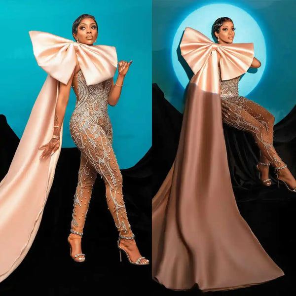 Fashion Sleeveless Prom Dresses Sexy Crystal Lace Applique Evening Dress Pencil Pants Jumpsuits Big Bow Celebrity Party Gown