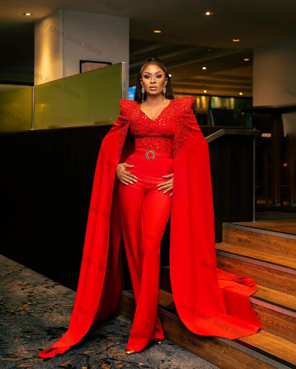 Luxury Red Wrap Women Suit Set 2 Piece Blazer+Pants Trousers Crystal Formal Office Jacket Customized Wedding Tuxedos Cotton Coat