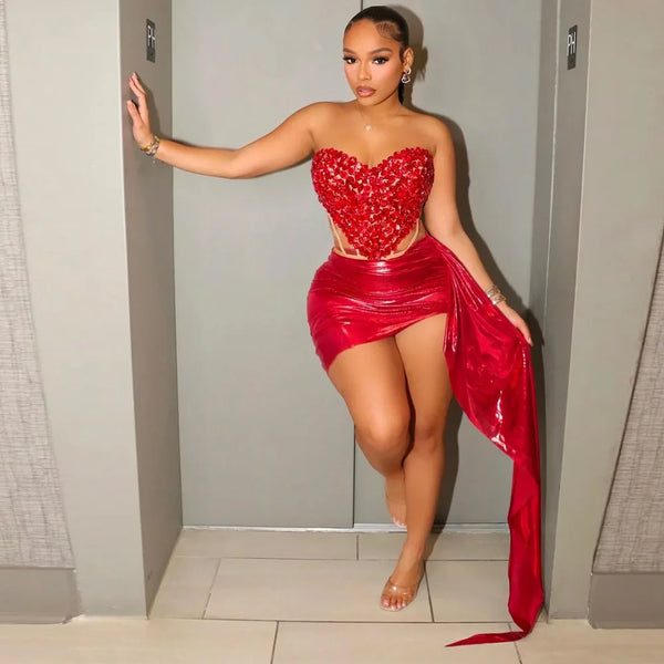 Luxury Sexy Mini Dresses To Party 2 Pieces Women Set Shiny Red Crystal Corset Top And Asymmetrical Mini Dresses