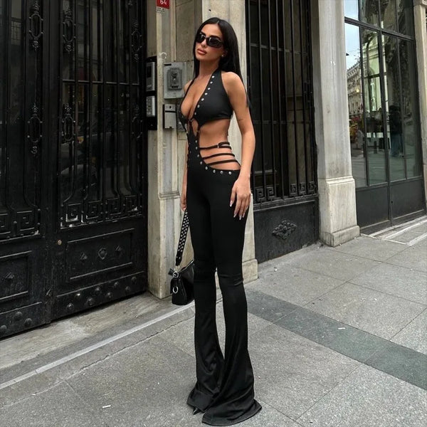 Sexy Black Jumpsuit Women Summer Club Outfit 2024 Fashion Rivet Cut Out Halter Backless Jumpsuits Flared Leg C82-DC35
