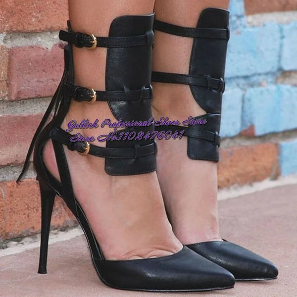 European Style Black Brown Patchwork High Heel Pumps Fringe Gladiator Dress Shoes Buckle Strap Pointed Toe Hollow-out Footwear