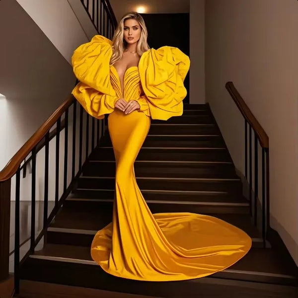 Yellow Mermaid Prom Dress Puffy Long Sleeves Sequines Beaded Evening Gowns Sweep Train Women Formal Occasion Party Dress