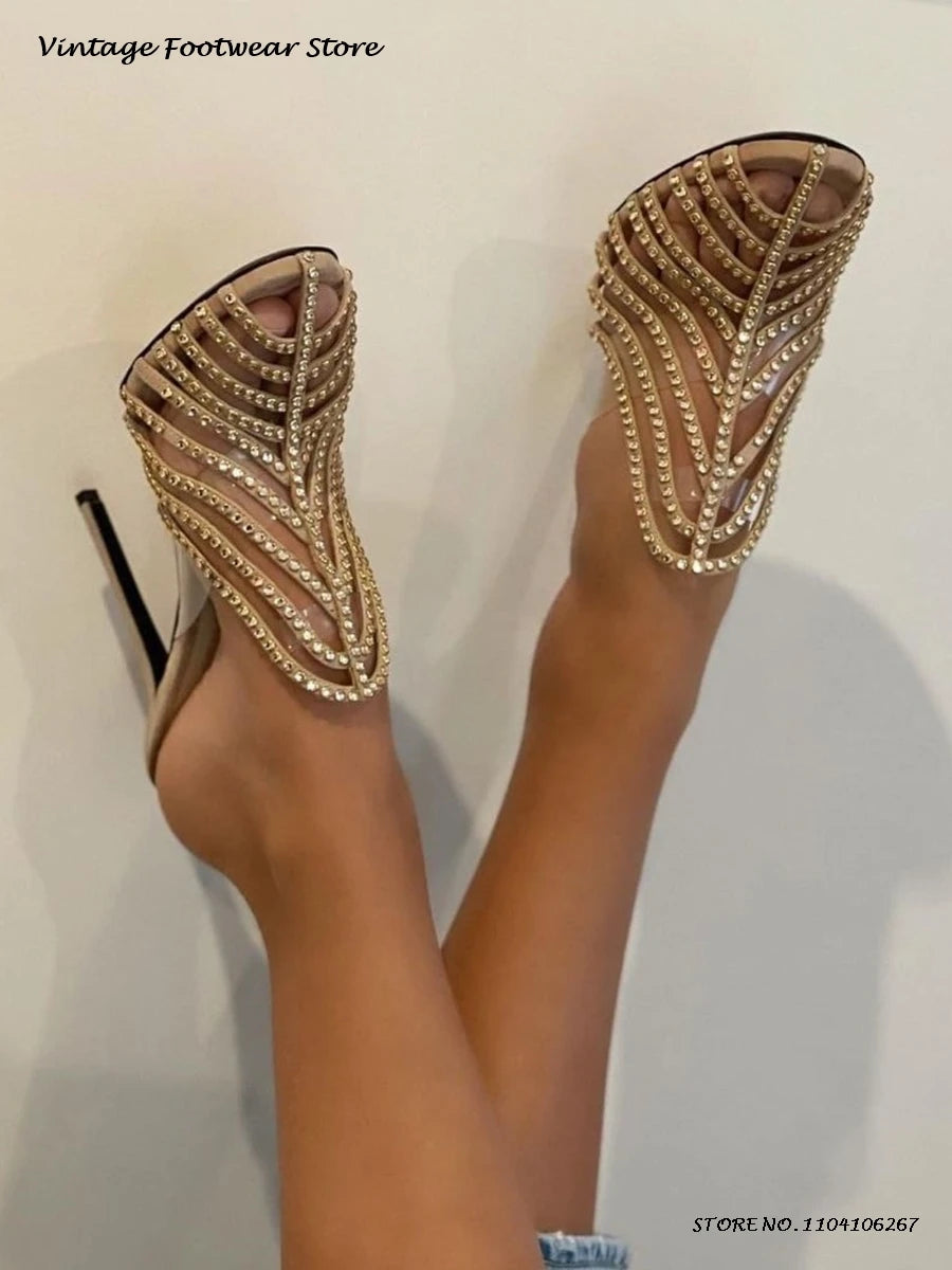 Crystal Thin Strappy Design Heeled Mules Elegant Round Toe Thin Heels Women's Bling Shoes Summer Party Prom Pull On Stilettos