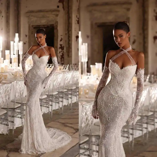 Simple Sleeveless Lace Mermaid Wedding Dress Elegant Floral Appliques Bridal Gown Sweep Train Bride Dresses Customized