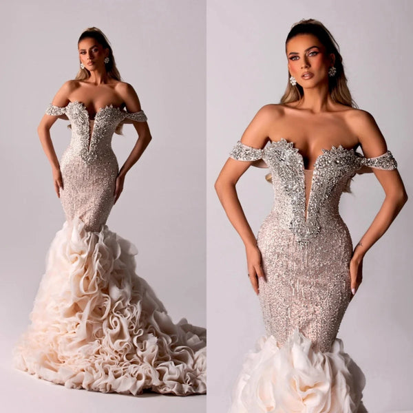 Sexy Off The Shoulder Mermaid Wedding Dress Modern Crystal Beaded Bride Dresses Ruffle Ruched Sequined Lace Bridal Gown